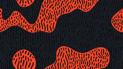 seamless pattern, Bold abstract pattern featuring vibrant orange shapes against a dark background, perfect for textiles or modern art projects.