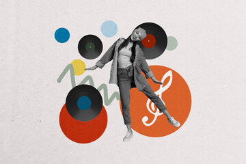 Creative poster collage of funny girl dancing vinyl record have fun disco bizarre unusual fantasy...