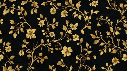 seamless pattern, Elegant floral pattern in gold on a dark background, perfect for luxurious design projects and stylish textiles.