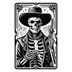 cowboy skeleton with tarot card in black and white illustrations, cutout graphic