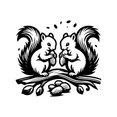 logo of squirrel eating nuts on a tree branch. Illustration of squirrel on a tree branch