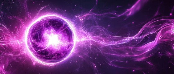 Naklejka premium Abstract purple bright glowing background with a sphere core atom energy burning ball circle made of waves of energy rays