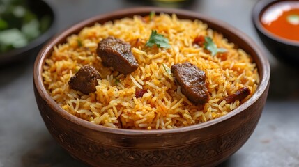 Fototapeta premium Aromatic Chicken Biryani in Wooden Bowl on Table