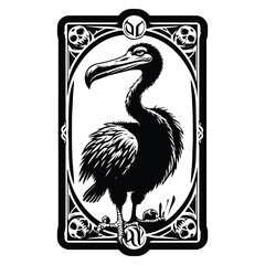 Fototapeta premium Dodo with tarot card in black and white illustrations, cutout graphic