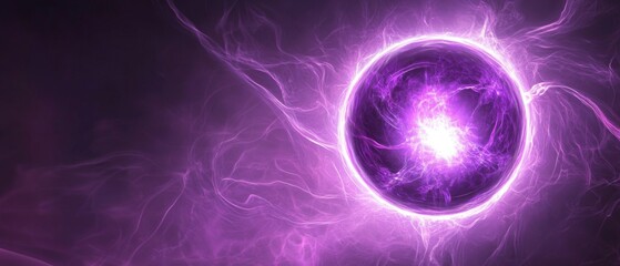 Naklejka premium Abstract purple bright glowing background with a sphere core atom energy burning ball circle made of waves of energy rays