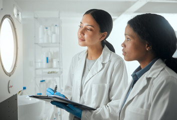 Results, experiment or people in laboratory waiting for science breakthrough, clinical trial or...
