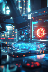 A futuristic biotech lab with advanced microscopes focusing on a petri dish,