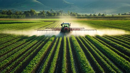 Agricultural equipment spraying water on a farm or agricultural land, possibly for irrigation purposes