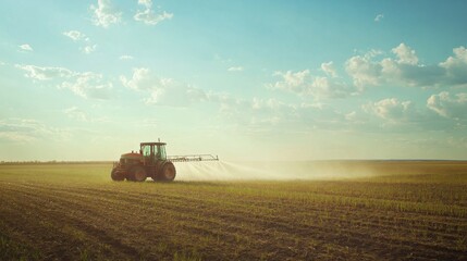 Fototapeta premium Agricultural equipment spraying water on a farm or agricultural land, possibly for irrigation purposes