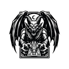 Fototapeta premium gargoyle creature with tarot card in black and white illustrations, cutout graphic black and white illustration
