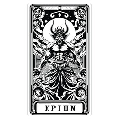 Fujin with tarot card in black and white illustrations, cutout graphic