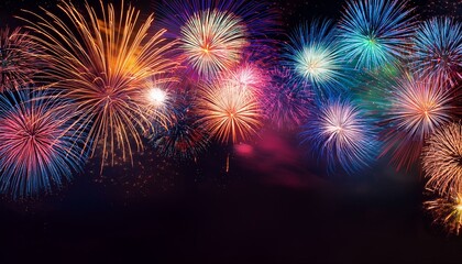 Colorful fireworks explosion with copy space on black background.