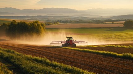 Fototapeta premium Agricultural equipment spraying water on a farm or agricultural land, possibly for irrigation purposes