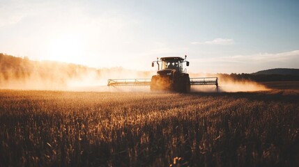 Naklejka premium Agricultural equipment spraying water on a farm or agricultural land, possibly for irrigation purposes