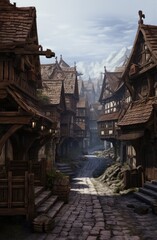 Naklejka premium A Charming Scene of a Medieval Village Featuring Unique and Rustic Architecture Elements