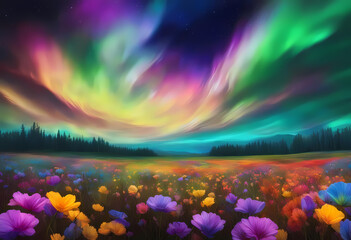 A field of glowing, colorful flowers under a surreal aurora-filled sky, symbolizing the beauty of creative imagination.