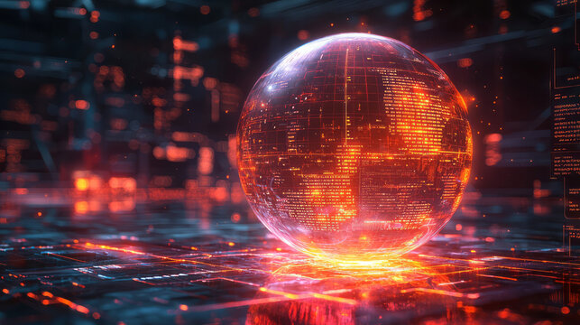 A glowing digital sphere surrounded by mathematical equations, illustrating concepts of calculus and integrals,