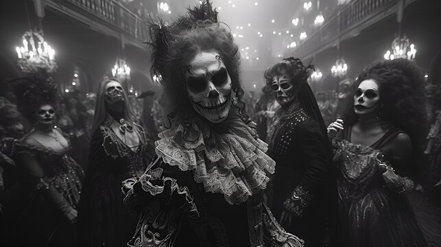 Halloween ball - black and white - spooky - scary - vintage - retro - period - dance - ghoul 