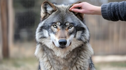 Fototapeta premium A wolf calmly receives affection from a human, showcasing the bond between wildlife and humans in a natural setting.