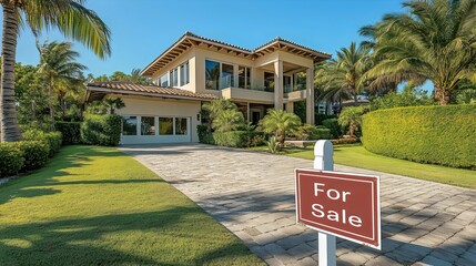 Obraz premium Beautiful Home with For Sale Sign in the Front Yard, Real Estate Photography
