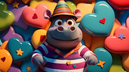 Fototapeta premium Chubby shiny hippo with big playful eyes wearing a striped shirt funny hat surrounded by hearts stars in a colorful playground