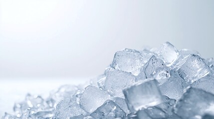 frozen white background with small ice cubes piled up creating a chilly, frosty, and cold environment for a winter theme