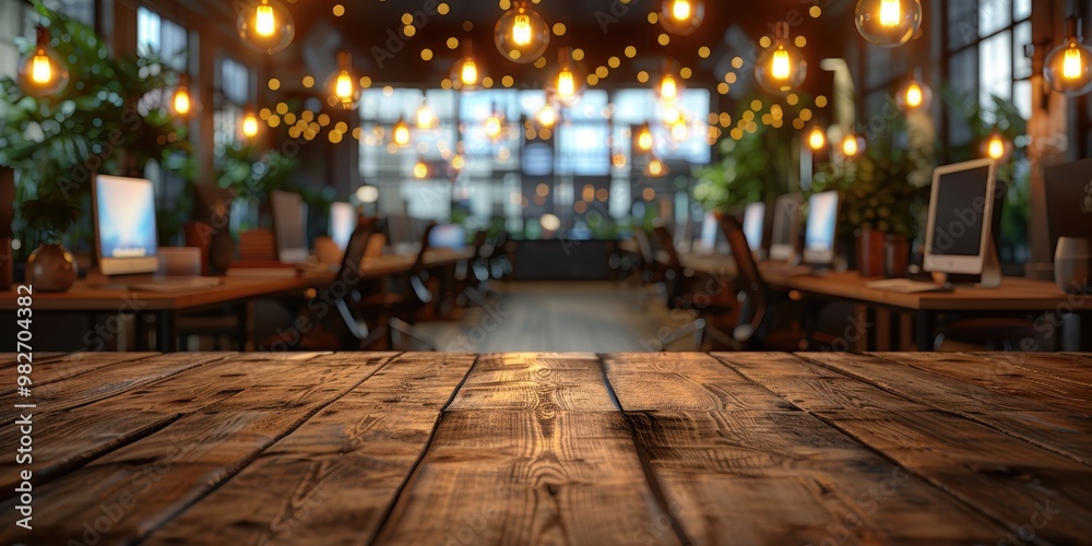 Wall mural a modern open-plan office space with warm lighting and a wooden table in the foreground, featuring c