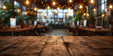 A modern open-plan office space with warm lighting and a wooden table in the foreground, featuring computers and greenery, creating a cozy and productive atmosphere