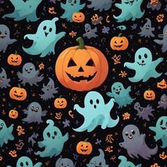 Halloween wallpaper: design with pumpkins, ghosts, bats, vampires and festive symbols