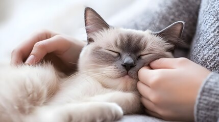 Obraz premium A serene, close-up image of a sleeping cat being gently petted by a person, showcasing a moment of tenderness and comfort.