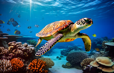 Obraz premium underwater coral reef landscape in the deep blue ocean with colorful fish and marine life background wallpaper