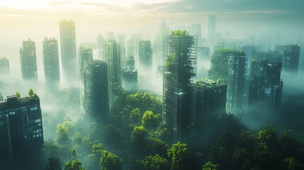 Bird's-eye view of a high-tech city, with transparent skyscrapers and holographic trees, blending nature and technology, Futuristic, Cool tones, 3D rendering, Dawn lighting