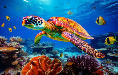 Obraz premium underwater coral reef landscape in the deep blue ocean with colorful fish and marine life background wallpaper
