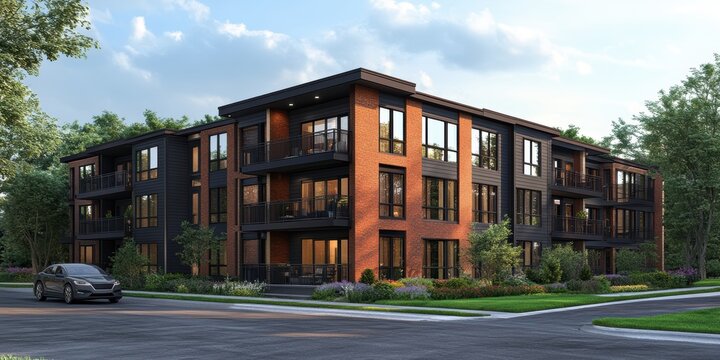 A modern, three-story brick and black panel apartment building with large windows situated in a suburban neighborhood on a sunny day with a few cars and lush greenery in the surroundings