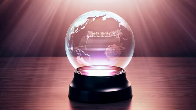 crystal globe with the Earth's continents, illuminated by a soft light, placed on a dark wooden surface, symbolizing global vision and foresight