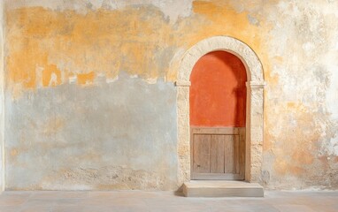 A rustic wall with a vibrant orange arch, blending textures and colors, ideal for artistic and vintage-themed projects.