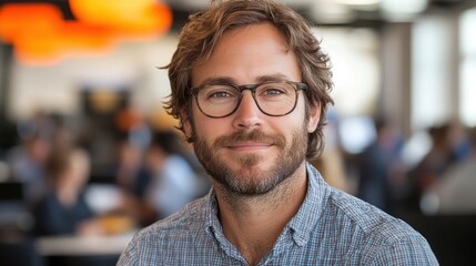 Obraz premium A young man with glasses and a beard smiles warmly while seated in a modern, brightly lit office environment with orange ceiling lights