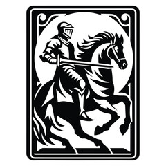 Fototapeta premium knight riding horse male with tarot card in black and white illustrations, cutout graphic
