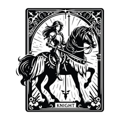 knight riding horse female inside tarot card in black and white illustrations, cutout graphic