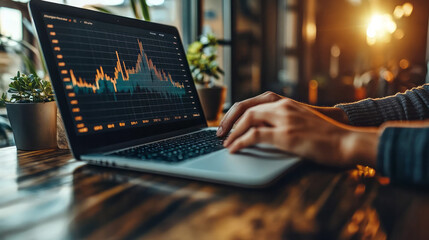 A person working at a laptop, with a graph showing a steep upward trend on a nearby digital display,