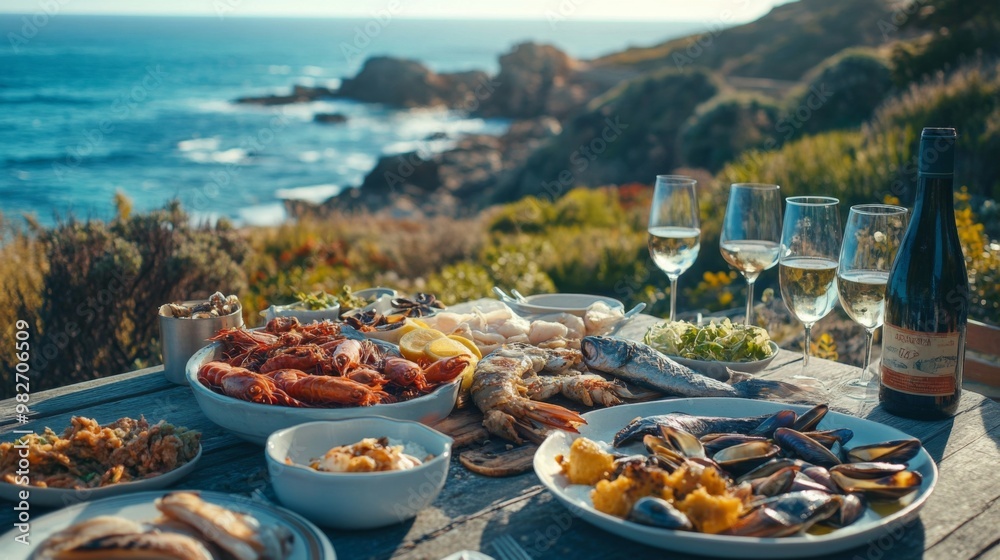 Poster a beautiful coastal setting with a seafood feast laid out on a table with a view of the ocean, inclu