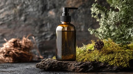 organic natural shampoo in a dark pump bottle with a backdrop of moss and tree branches highlighting sustainable and clean beauty care