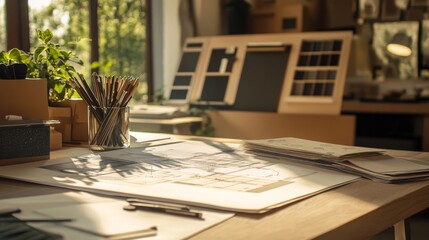 Fototapeta premium An interior designer's working table, a house plan, a color palette, furniture samples, and plans for decorating a house.