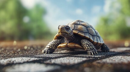 Naklejka premium slow and steady tortoise achieving victory in a race through perseverance and resilience overcoming challenges with patience