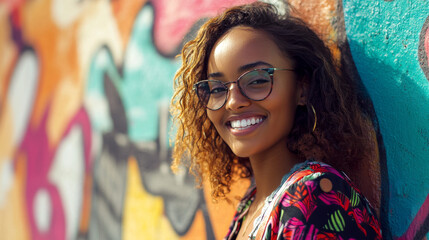 Naklejka premium Young woman with a warm smile standing in front of a colorful graffiti wall, vibrant urban setting and lively energy
