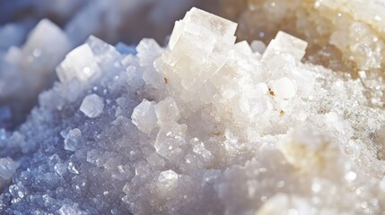 A close-up of a salt crystal-covered stone, with a sparkling, granular surface and irregular shapes.