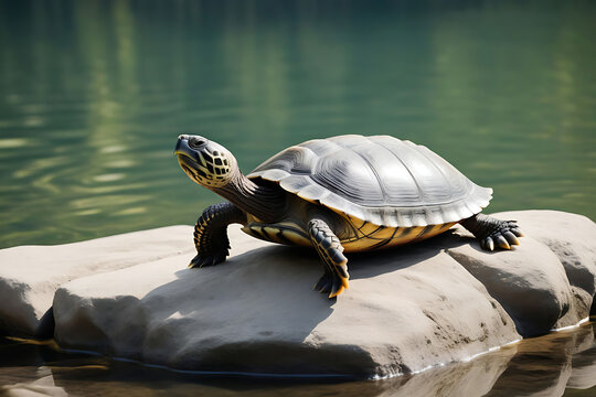 Turtles sunbathing on rocks by the lake in summer