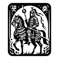 Mongols warrior with tarot card in black and white illustrations, cutout graphic