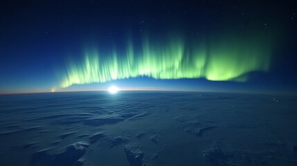 Naklejka premium Northern Lights from above, casting vibrant ribbons of light across a snow-covered Arctic expanse, capturing the beauty of untouched wilderness