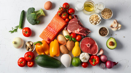 Food nutrition balance concept, vegetables, fruits, meat, represents the concept of healthy eating